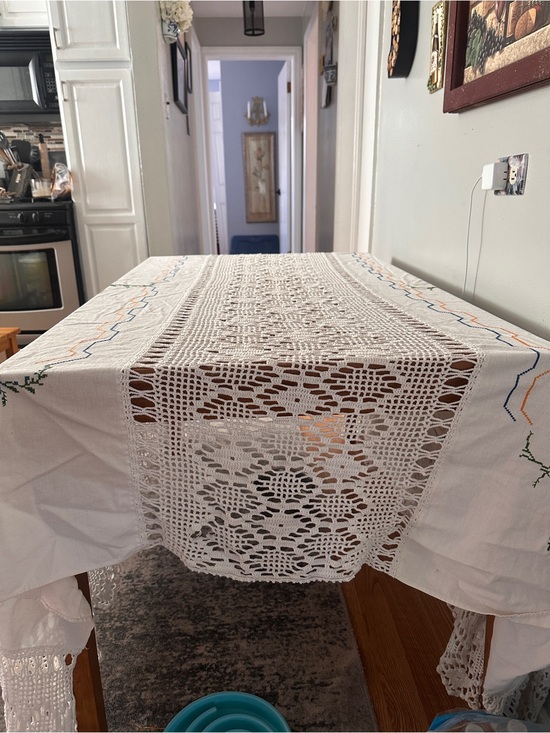 None Other - Handmade White Crochet Table Cloth with Embroidered Accents